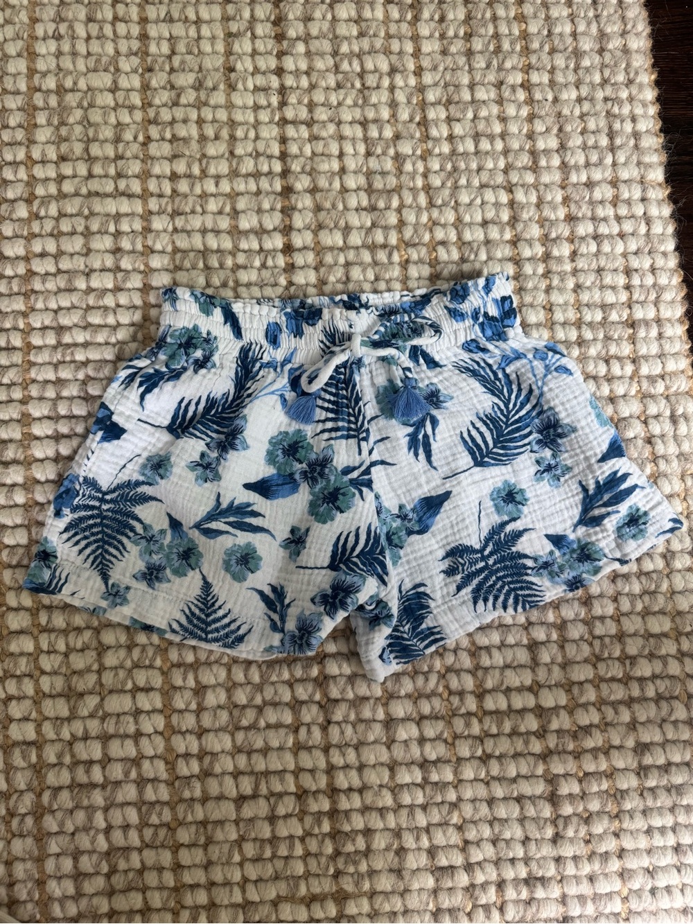 Flowers by Zoe White Cotton Cheesecloth Floral Beach Shorts with Blue Print